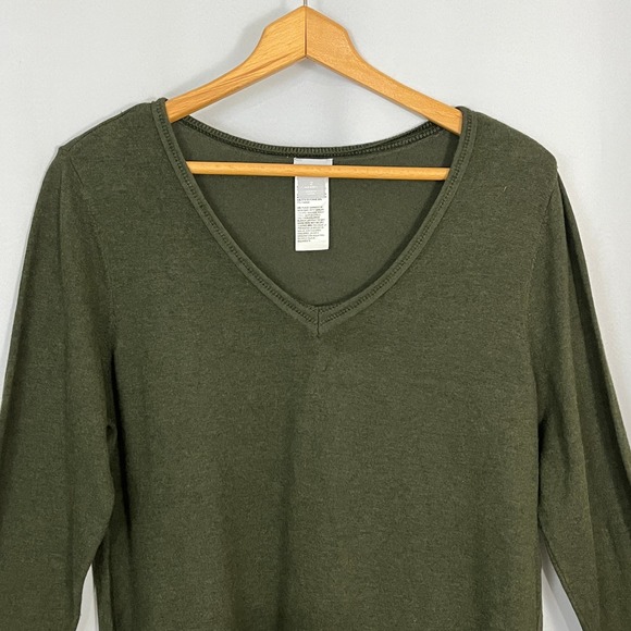 Chico's Women's Sz L Olive Green Asymmetrical Hem V-Neck Tunic Sweater CabinCore - Picture 4 of 10